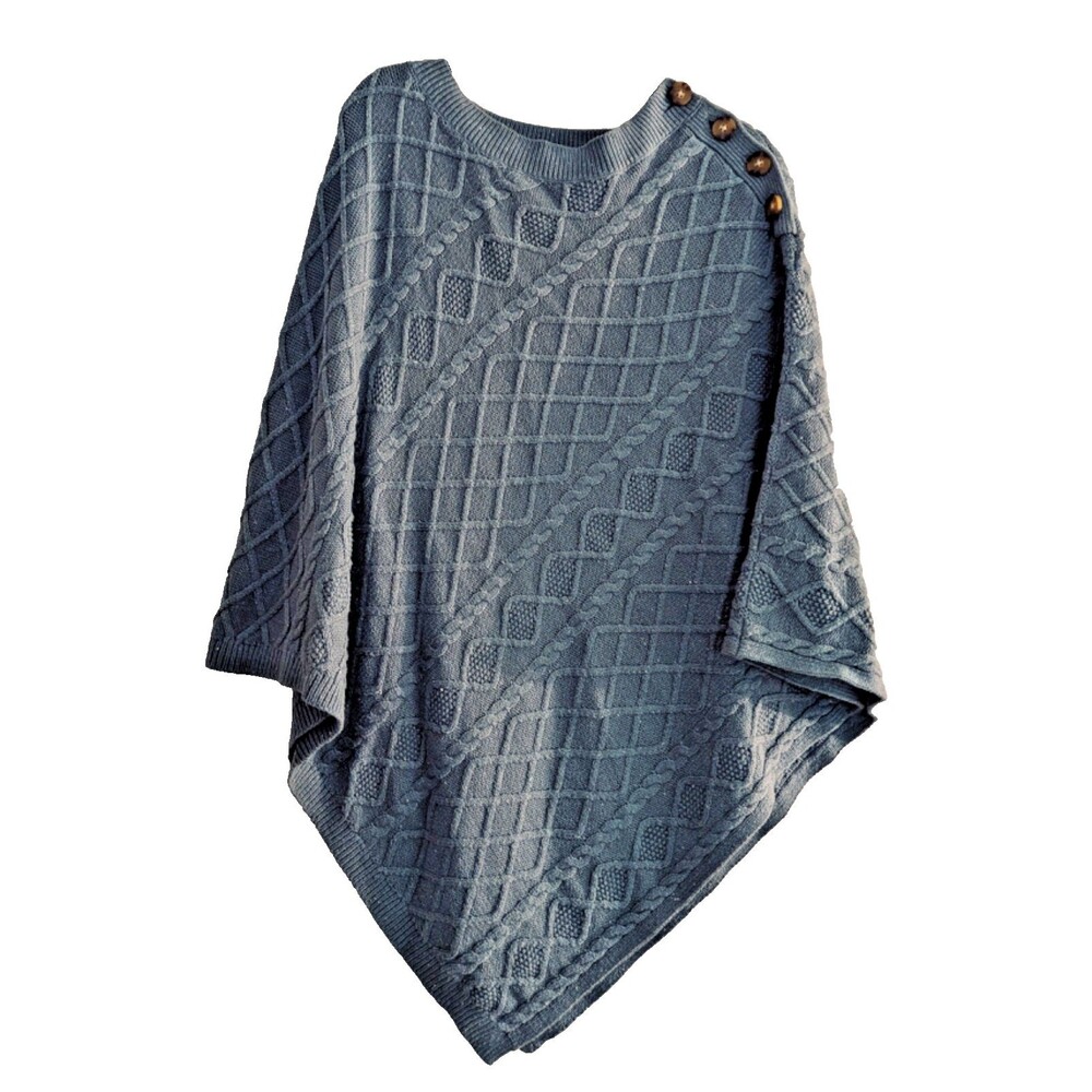 J. Jill Sweater Poncho Size XL- 3X Teal Cable Knit Cape With Shoulder Buttons